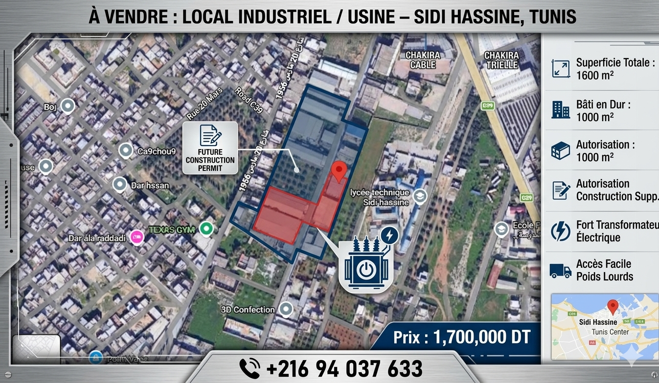 Sidi Hassine&nbsp;Sidi Hassine&nbsp;Vente&nbsp;Autre&nbsp;Local industriel  usine � sidi hassine  tunis