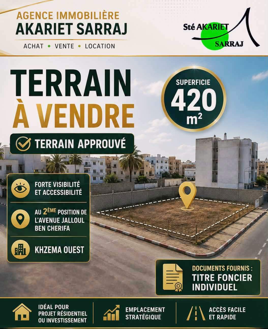 Sousse Jaouhara&nbsp;Khezama Ouest&nbsp;Terrain&nbsp;Terrain nu&nbsp;Lot au 2�me position de avenue jalloul ben cherifa