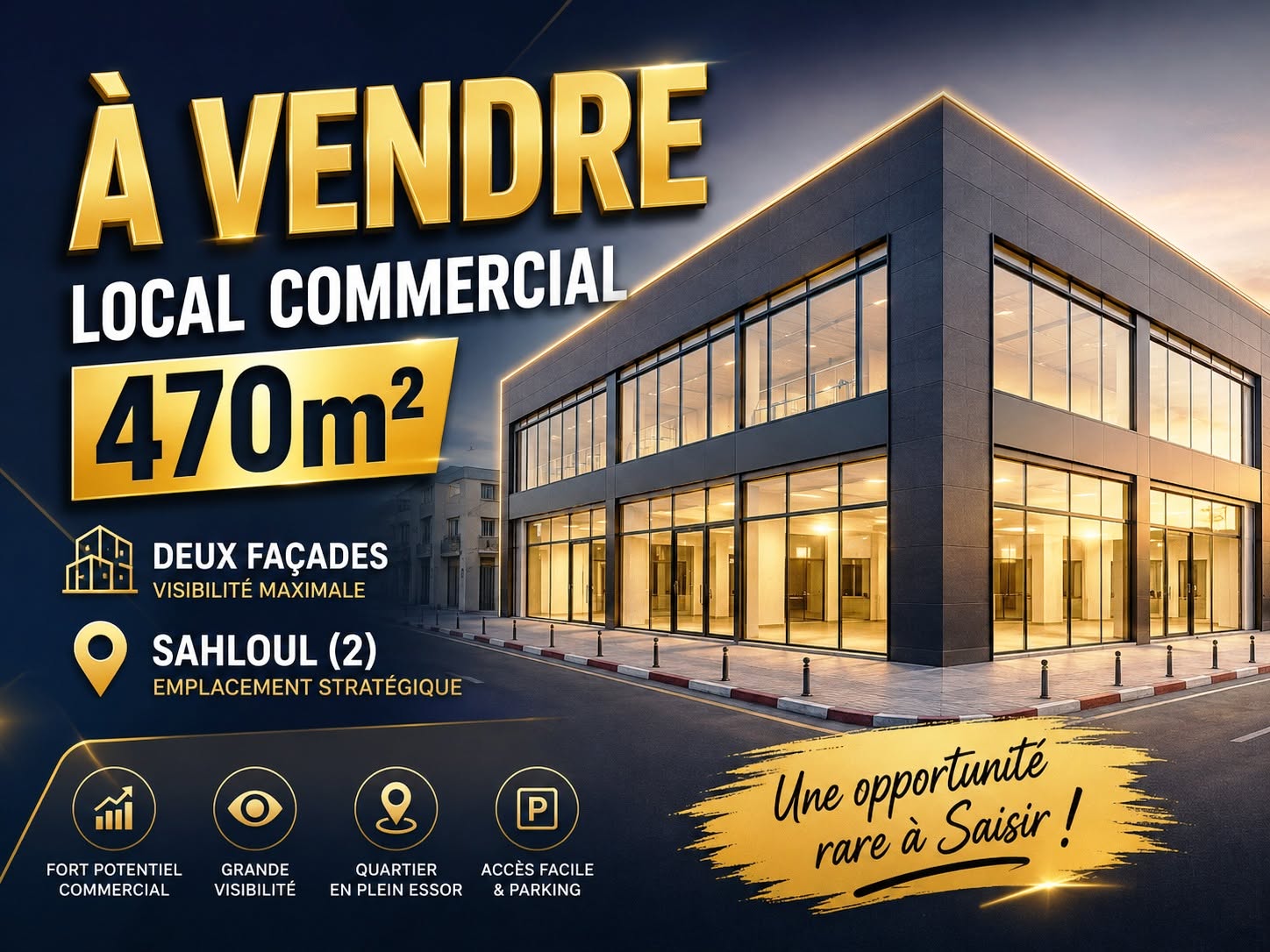 Sousse Jaouhara&nbsp;Sahloul&nbsp;Bureaux & Commerces&nbsp;Surfaces&nbsp;Local commercial 470m deux fa�ades � sahloul 2