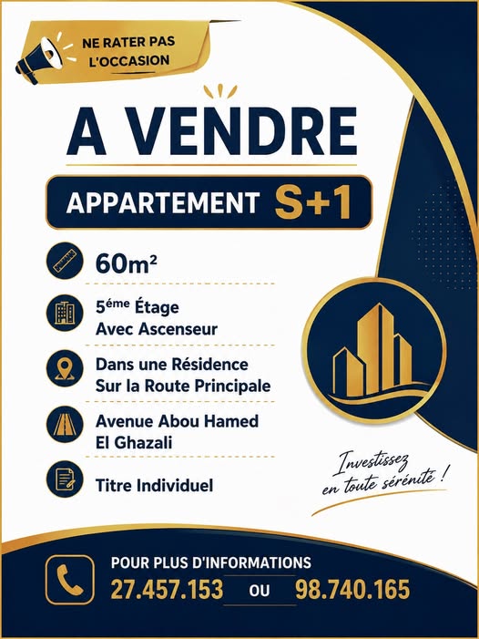 Sousse Ville&nbsp;Cite Jaouhara&nbsp;Vente&nbsp;Appart. 2 pi�ces&nbsp;Appartement s1 avenue abou hamed el ghazali