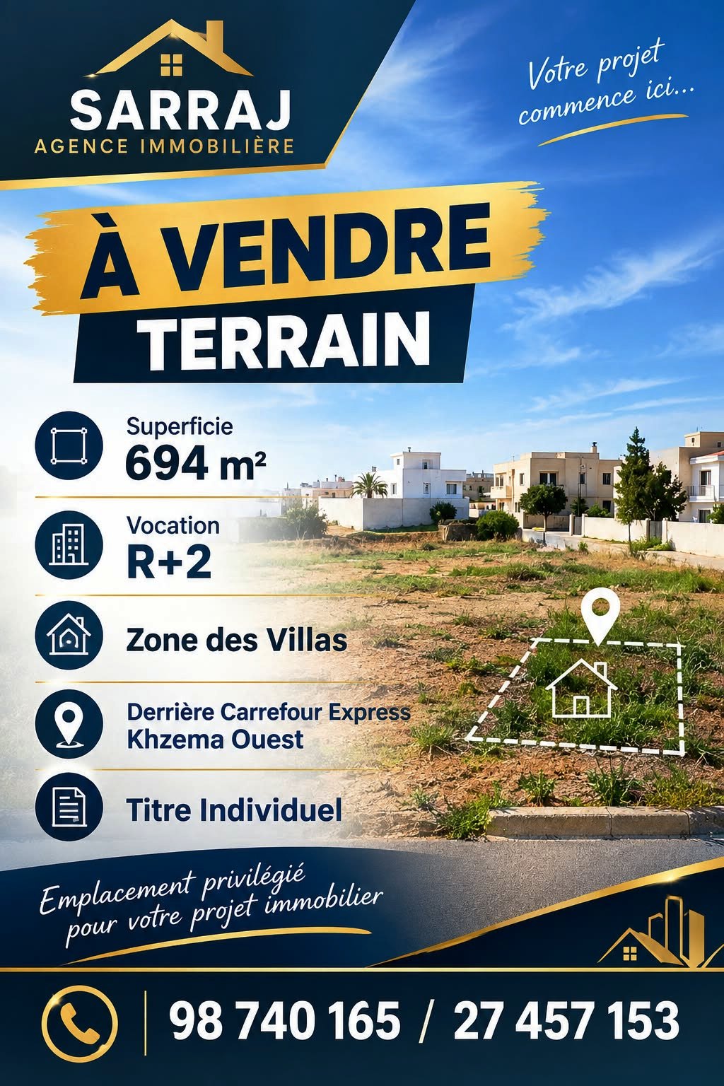 Sousse Jaouhara&nbsp;Khezama Ouest&nbsp;Terrain&nbsp;Terrain nu&nbsp;Terrain 694m derri�re carrefour express khzema