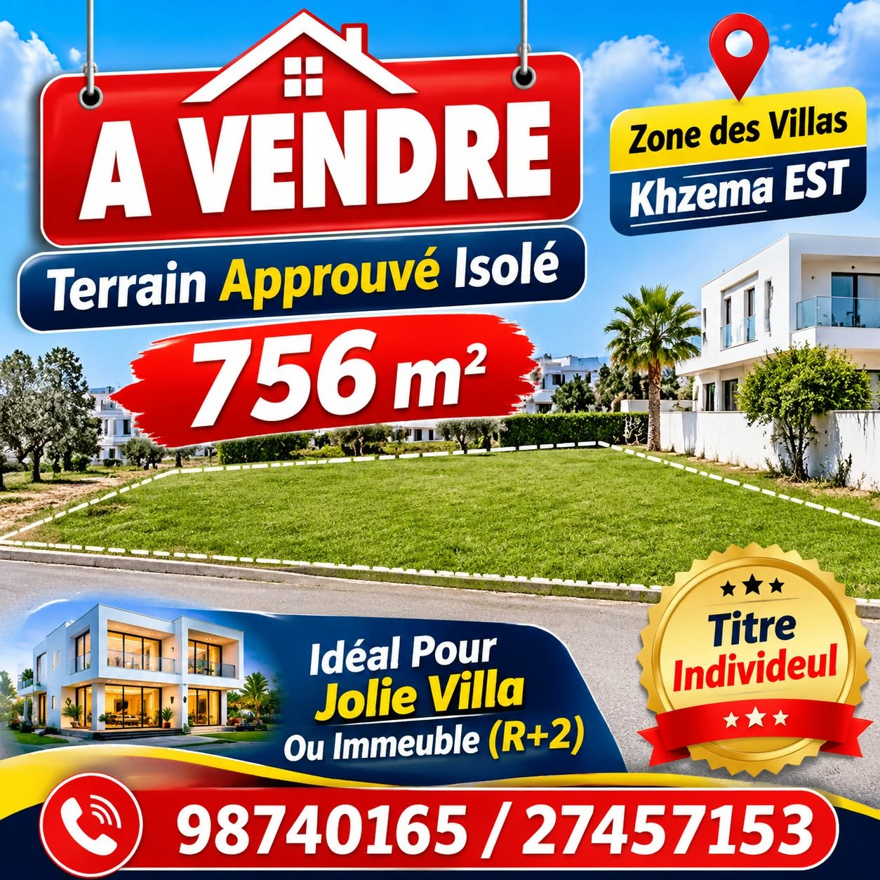 Sousse Jaouhara&nbsp;Sousse Khezama&nbsp;Terrain&nbsp;Terrain nu&nbsp;Terrain approuv� isol� 756m zone des villas khzema